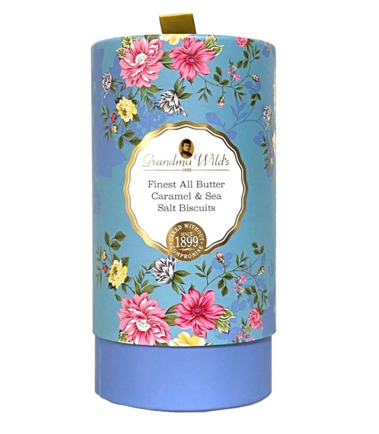 Grandma Wild's Butter Caramel and Sea Salt  Biscuits Victorian Blue Tube 150g