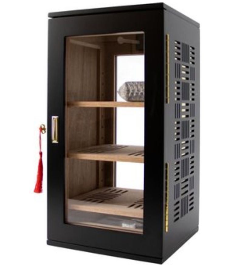 Humidor cabinet, matte black, acrylic front and back, decorative side panels.